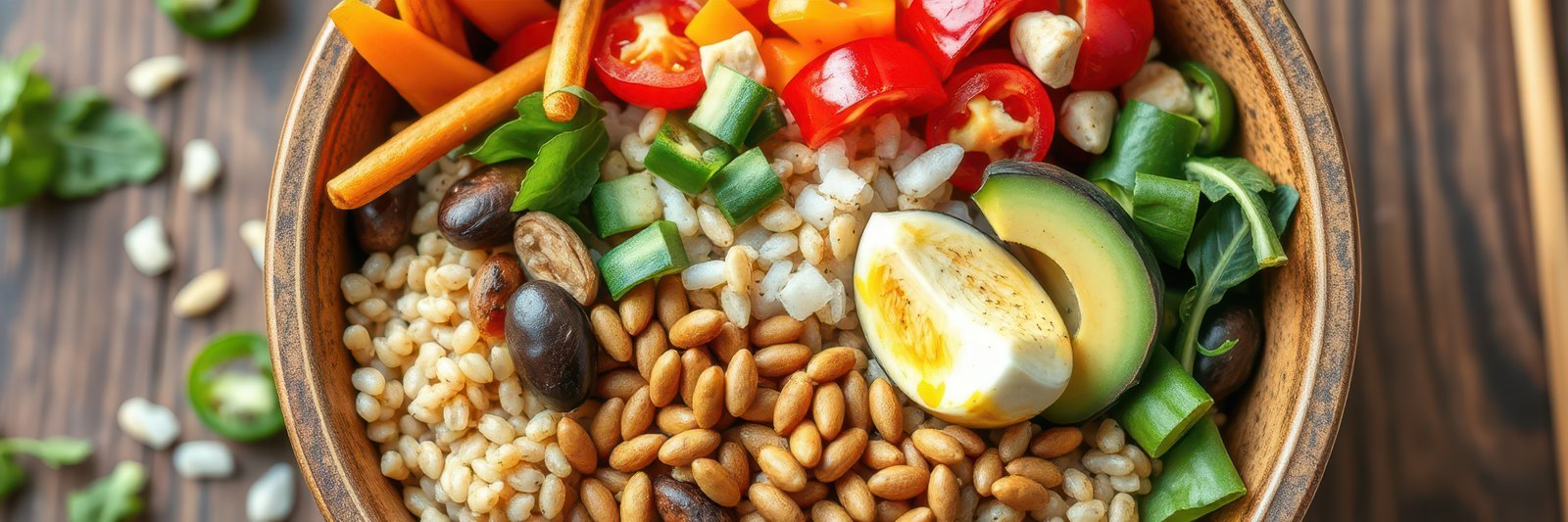 Colorful grain bowl with vegetables and egg served on a wooden table during lunchtime